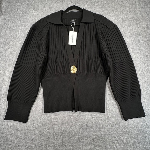 Urban Revivo Sweaters - Urban Revivo Cardigan Women L Black Gold Button Ribbed Knit Collared Sweater NEW